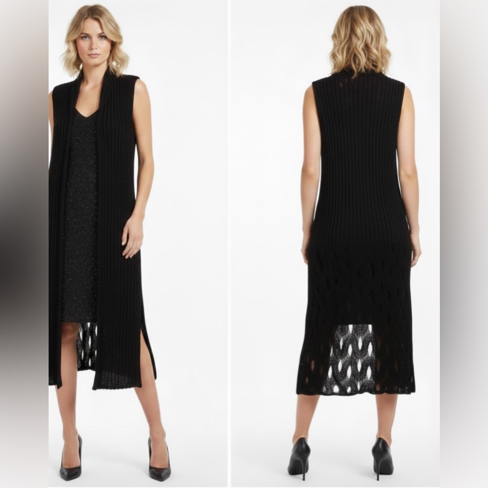 BCBGMaxAzria Long Bohemian Sleeveless Sweater Wrap Crochet Knit Black Sz Medium